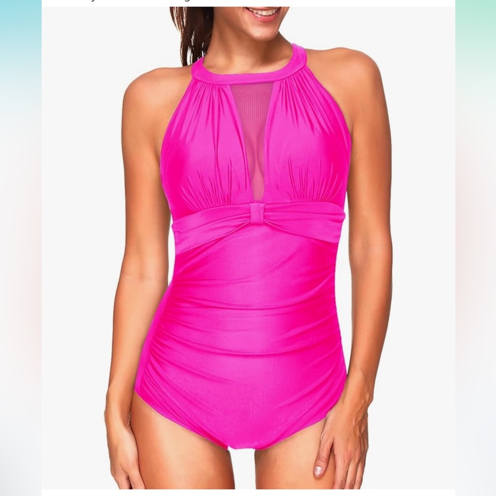 Tempt Me Women One Piece Swimsuit High Neck Plunge Ruched Tummy Control nwt